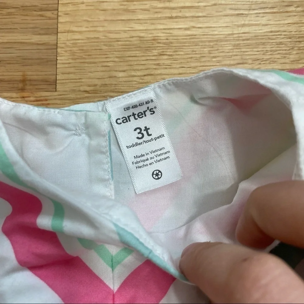 Carter’s Striped Summer Dress Floral Appliqué 3T Green Blue Pink White